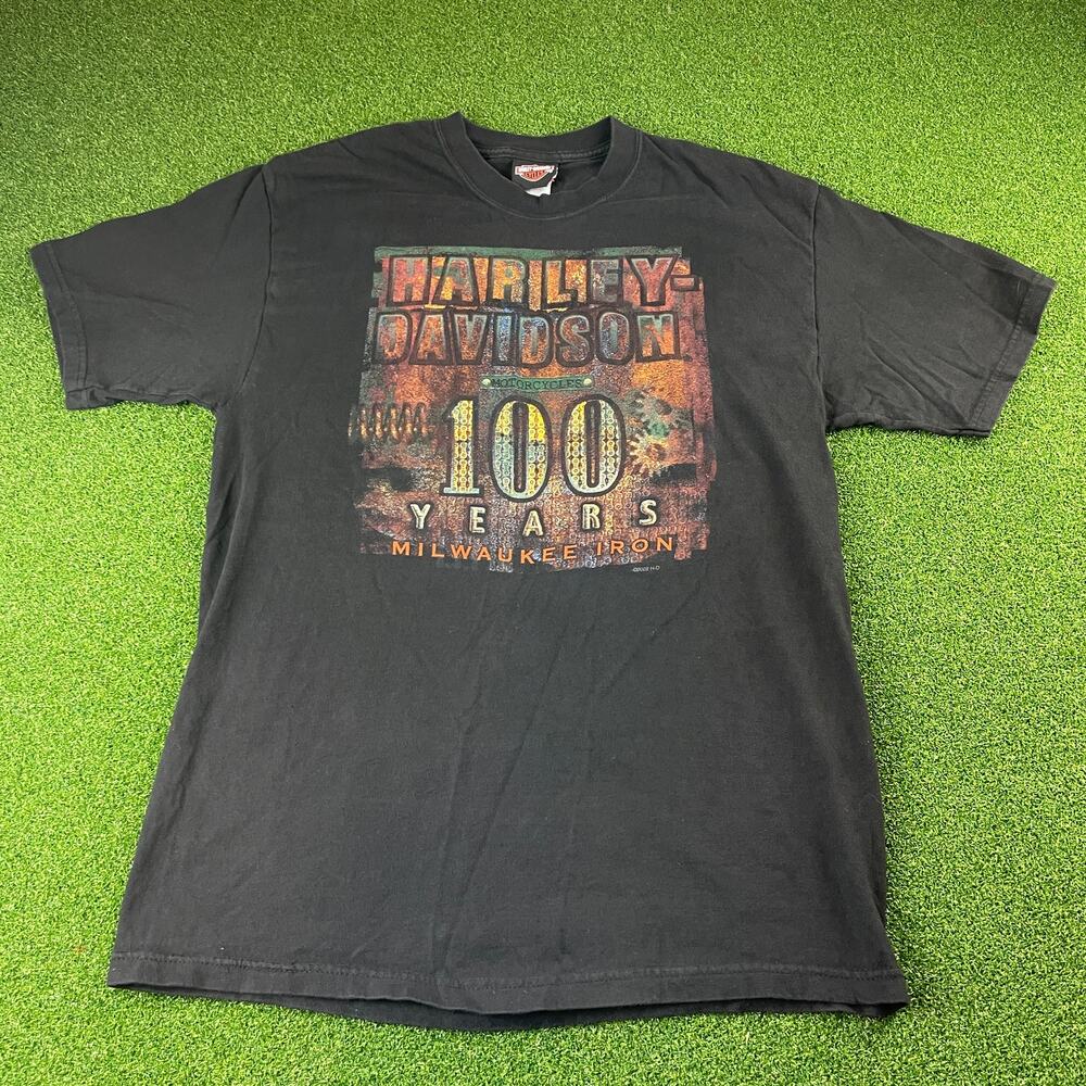 Harley Davidson 100 Years 2002 Milwaukee Iron Texas Dealer Black Tee Shirt Y2K